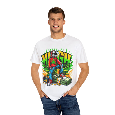 High Vibes Unisex Garment-Dyed T-Shirt - Retro Skeleton & Cannabis Graphic Tee