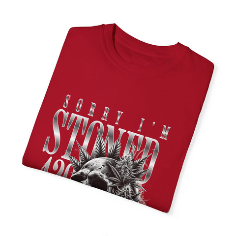 Unisex Skull and Leaves Graphic T-shirt - 'Sorry I'm Stoned 420'