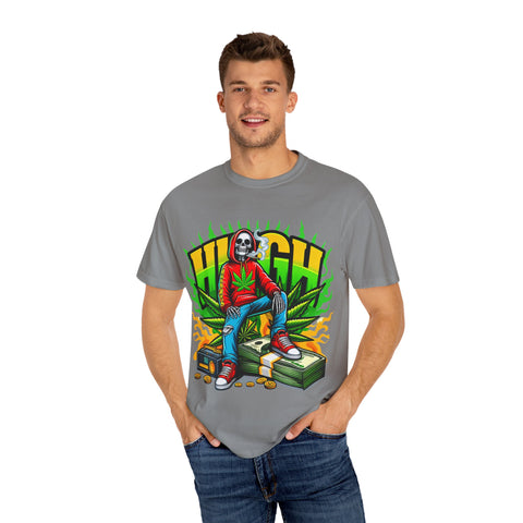 High Vibes Unisex Garment-Dyed T-Shirt - Retro Skeleton & Cannabis Graphic Tee