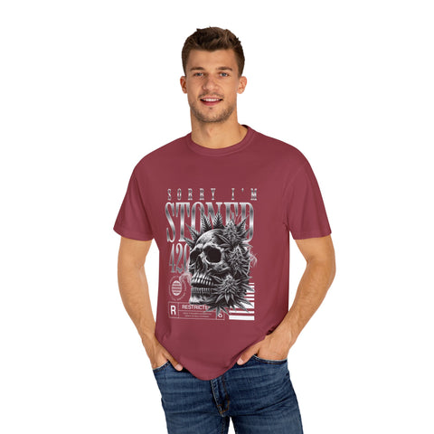 Unisex Skull and Leaves Graphic T-shirt - 'Sorry I'm Stoned 420'