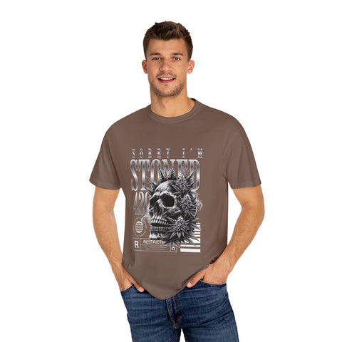 Unisex Skull and Leaves Graphic T-shirt - 'Sorry I'm Stoned 420'