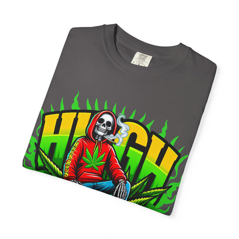 High Vibes Unisex Garment-Dyed T-Shirt - Retro Skeleton & Cannabis Graphic Tee