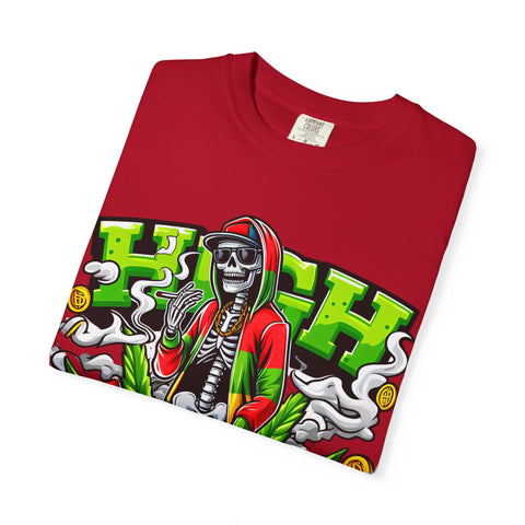 High Vibe Unisex Garment-Dyed T-Shirt - Skull & Cannabis Design