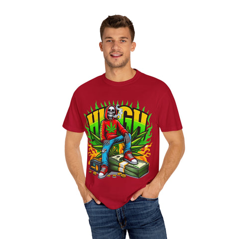 High Vibes Unisex Garment-Dyed T-Shirt - Retro Skeleton & Cannabis Graphic Tee