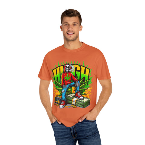 High Vibes Unisex Garment-Dyed T-Shirt - Retro Skeleton & Cannabis Graphic Tee