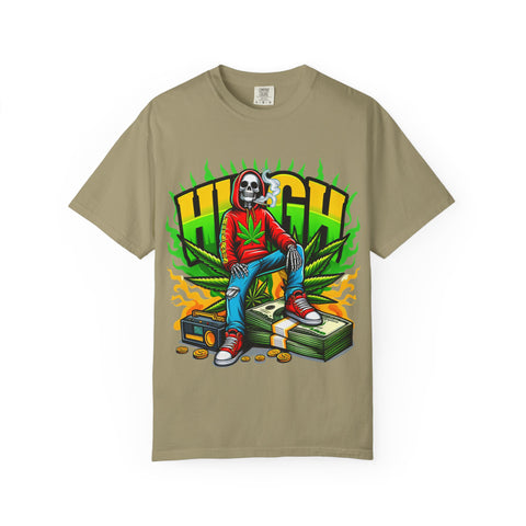 High Vibes Unisex Garment-Dyed T-Shirt - Retro Skeleton & Cannabis Graphic Tee