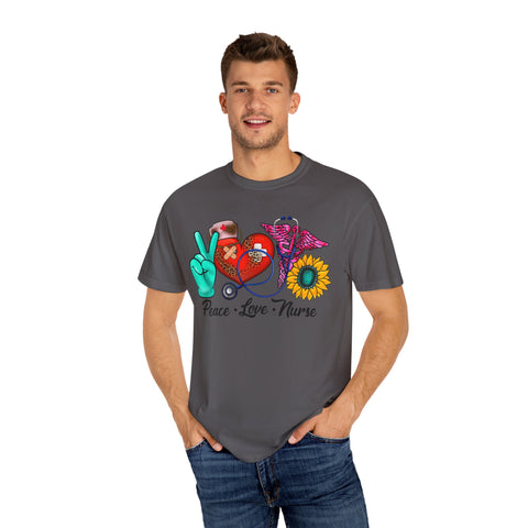 Peace Love Nurse T-Shirt | Unisex Garment-Dyed Tee for Healthcare Heroes